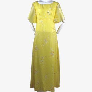 Vintage 1970s Sheer Yellow Floral Maxi Dress Flutter Sleeves Empire Waist MOD M